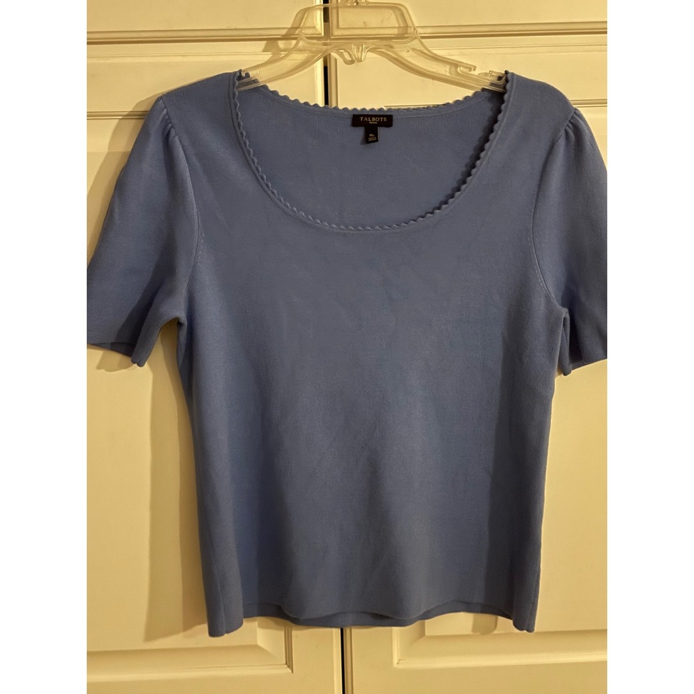 Talbots Petite Blue Scalloped Scoop Neck Short Sleeve Knit Sweater Top MP